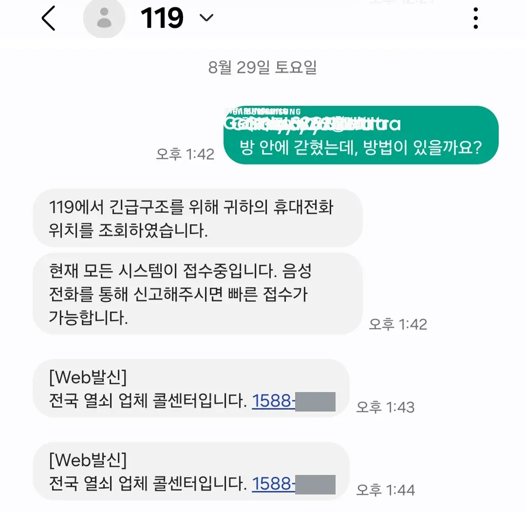 A text conversation with 119: a message reading "I am shut in a room, is there a way out?", an automatic reply saying 119 has queried the phone's location, a second saying a voice call would be faster, and two messages giving a national locksmith call centre number