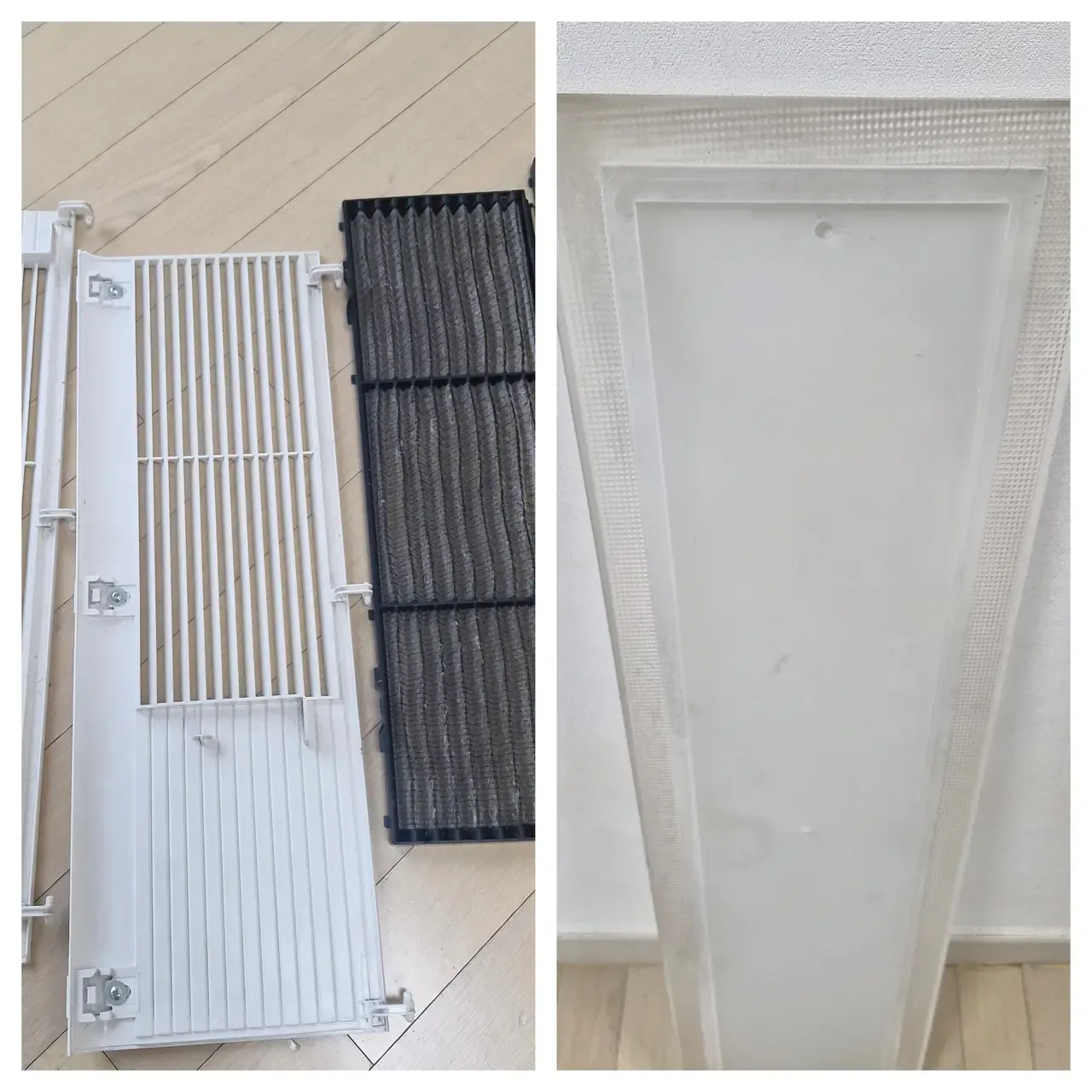 An air purifier front grille removed and laid on the floor beside its dust-grey filter, and a ceiling light cover taken down