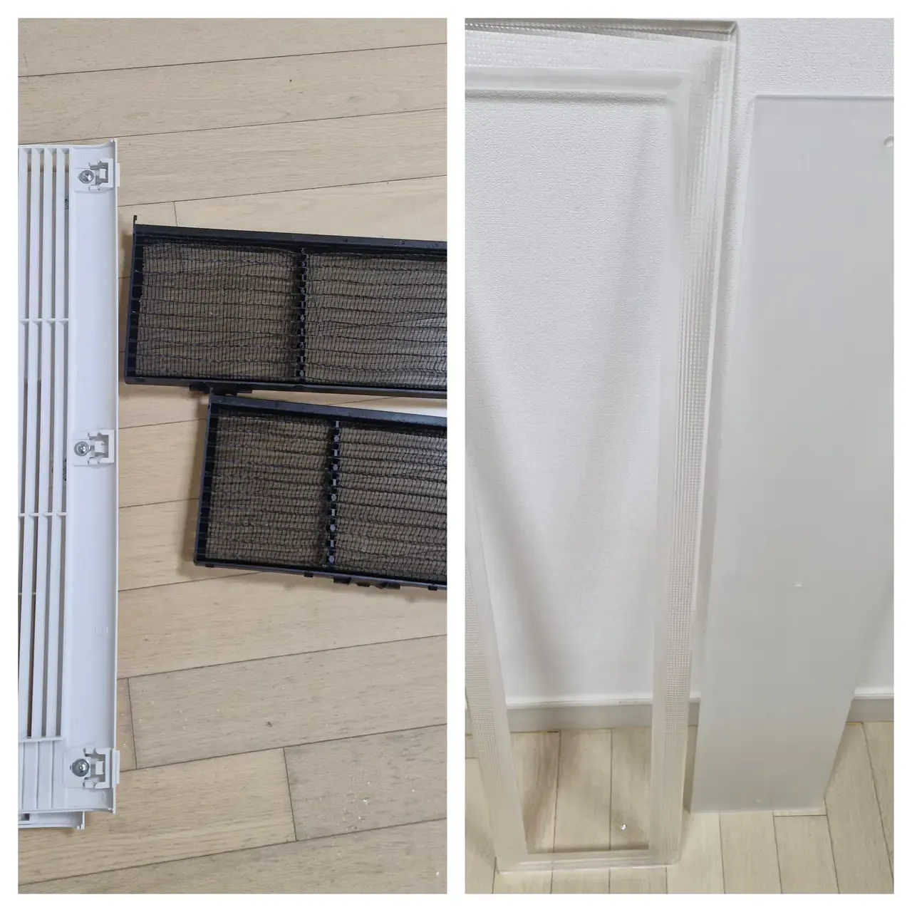 An air conditioner grille removed and laid on the floor beside two filters grey with dust