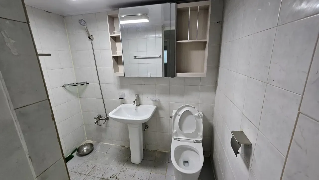 The same bathroom with a new mirror cabinet, new basin and new toilet installed