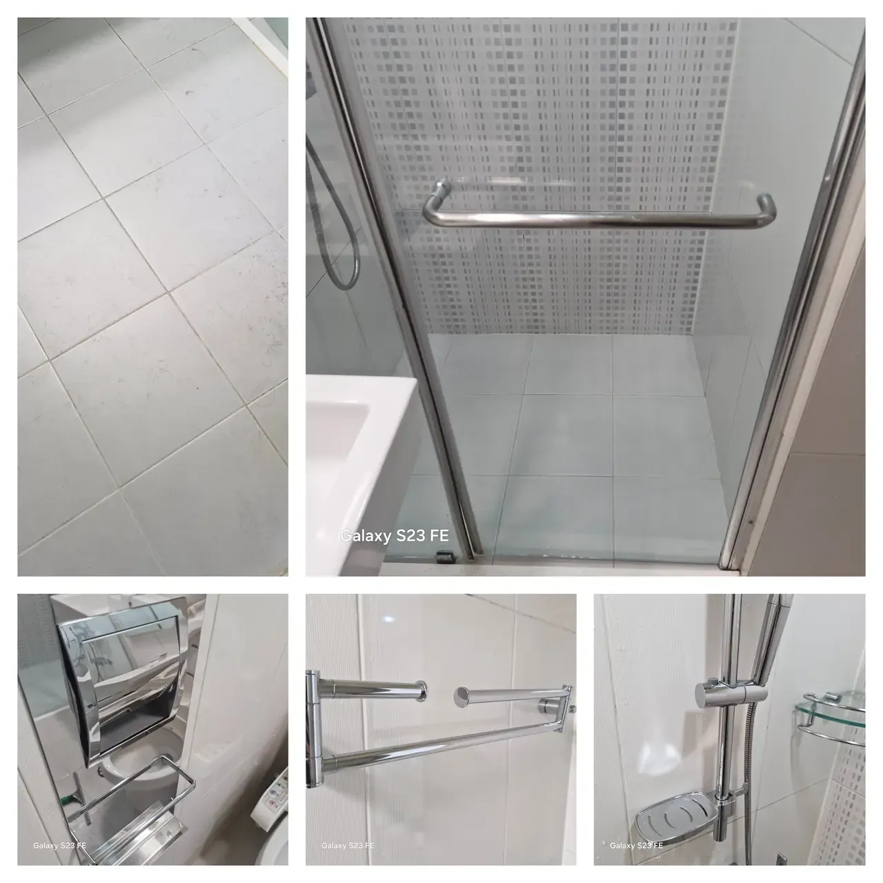 Bathroom floor tiles with hair and grime before cleaning, beside the finished shower stall