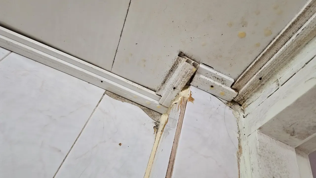 A bathroom door frame corner where the white trim has pulled away from the tiled wall, dark mould along the joint and a visible void behind it