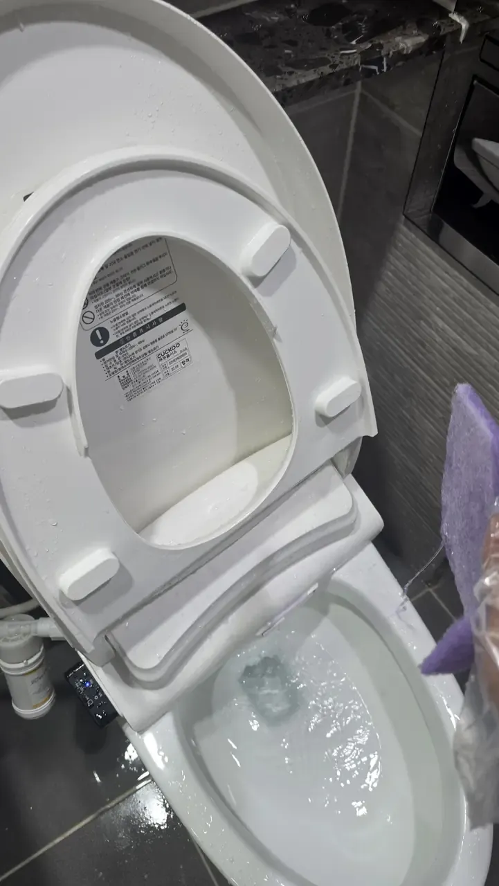 A bidet seat lifted clear of the toilet after cleaning, water beaded on the surface