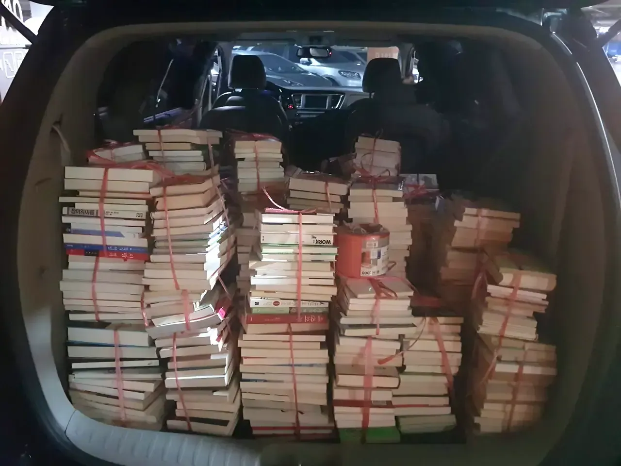 Hundreds of books bundled with red strapping, filling a car boot