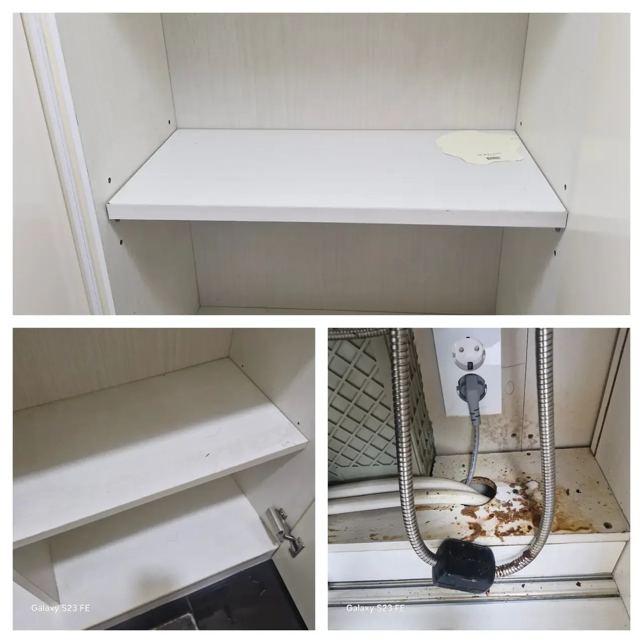 Cupboard shelves after cleaning, beside the grime under a kitchen sink before