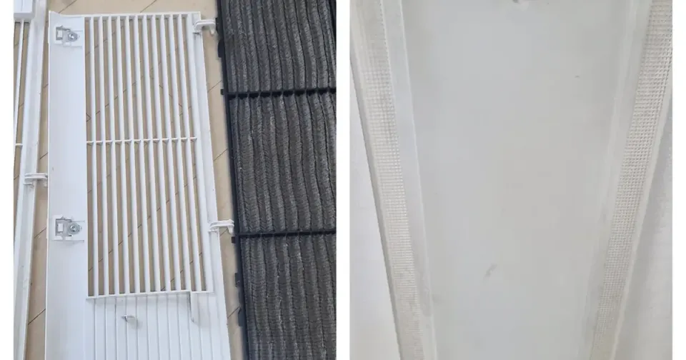 An air purifier grille removed and laid on the floor beside its dust-clogged filter