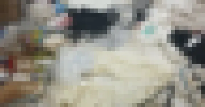 A deliberately pixelated photograph of a Korean one-room floor completely covered in clothes, bags and packaging, with no floor visible