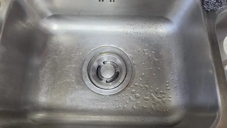A stainless steel kitchen sink with a stainless drain strainer set into the bottom, water beaded around it
