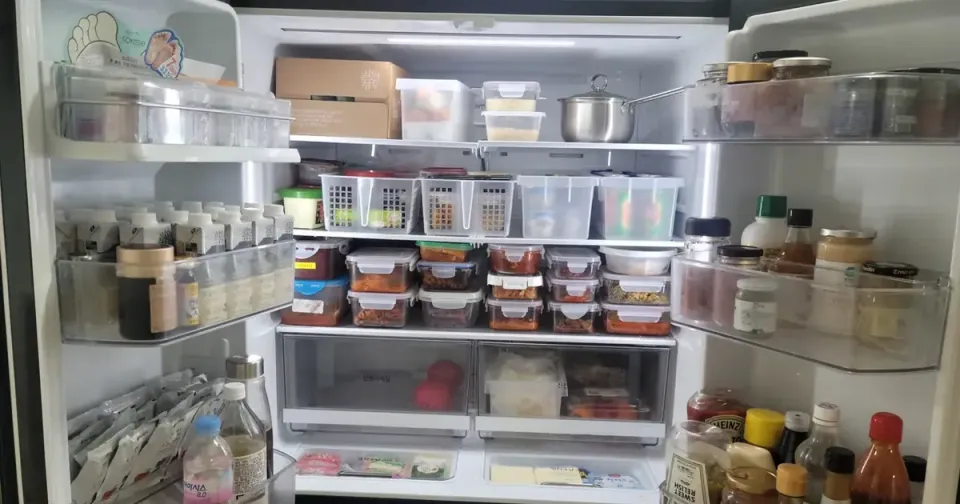 The inside of a Korean fridge after professional organising, with side dishes in matching stacked containers and rows of labelled baskets