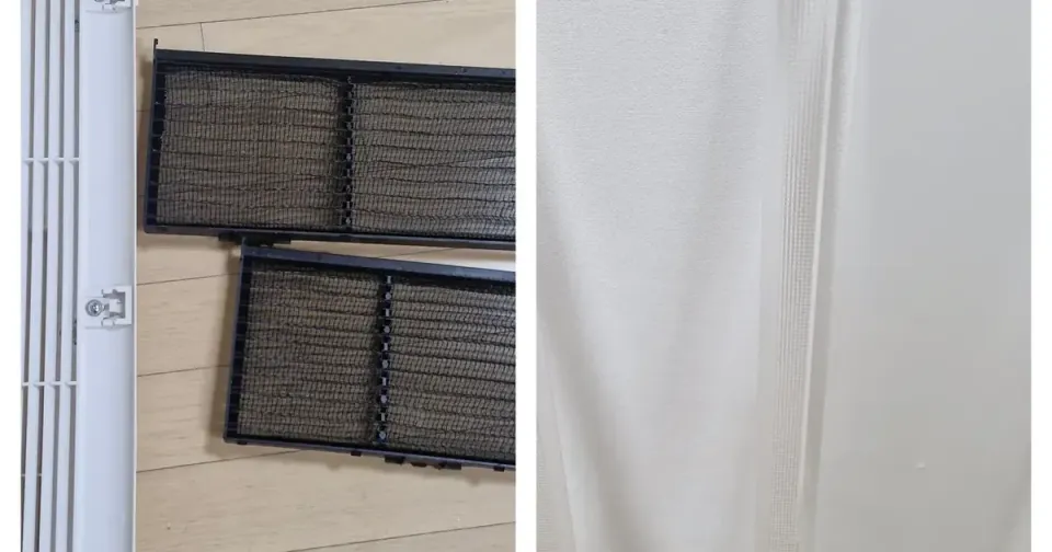 Two air conditioner filters grey with dust beside the clean grille panels that cover them