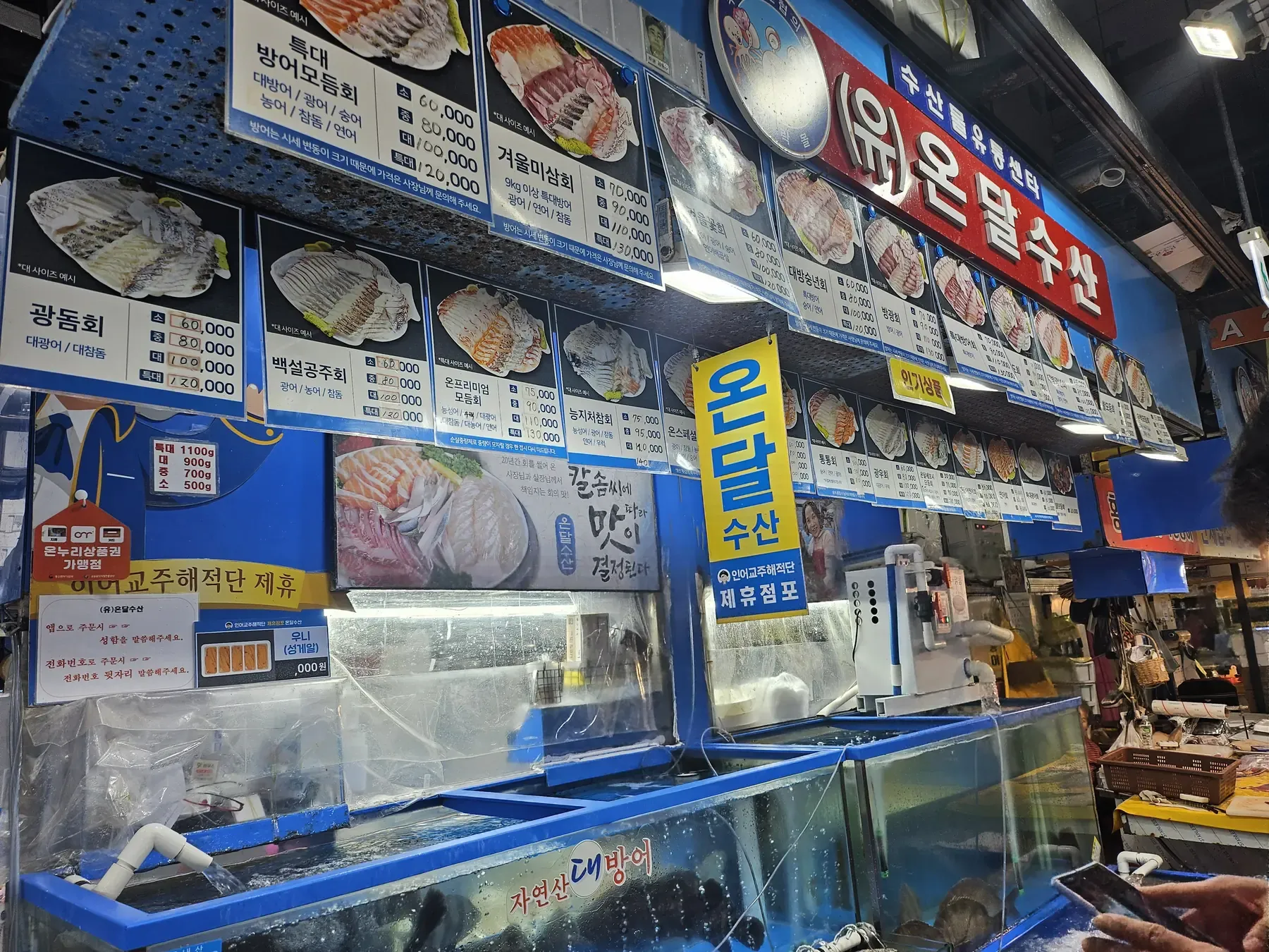 A Korean fish market price board showing mixed sashimi platters at 60,000 to 130,000 won with a chart defining small, medium, large and extra large by weight