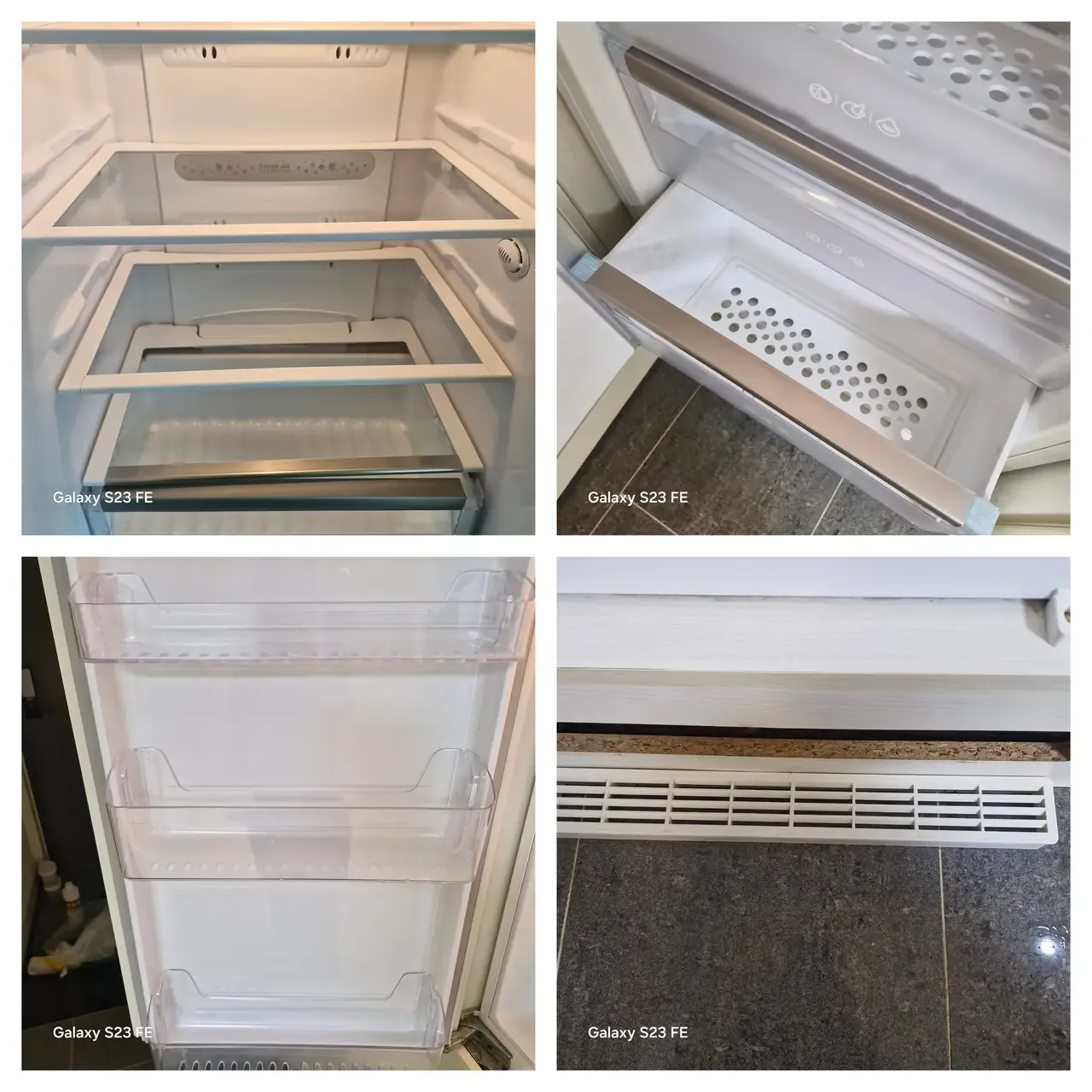 Refrigerator shelves, vegetable drawer and door bins after cleaning
