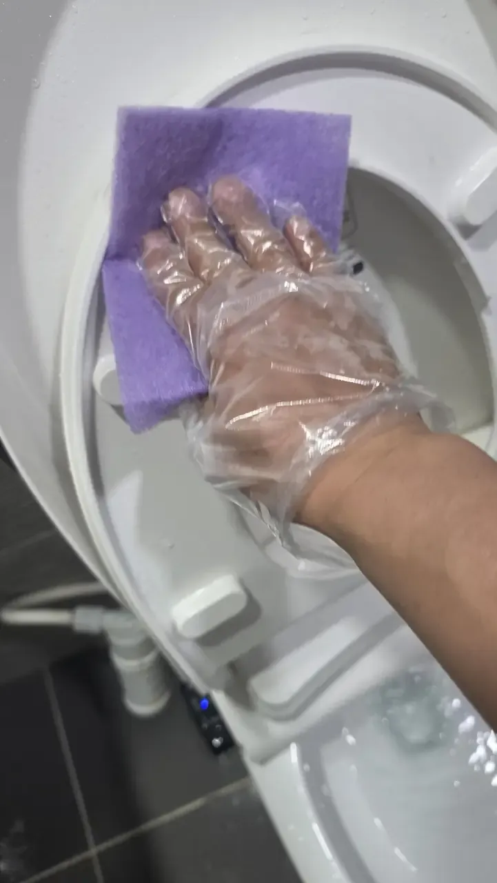 A gloved hand wiping down a lifted bidet toilet seat