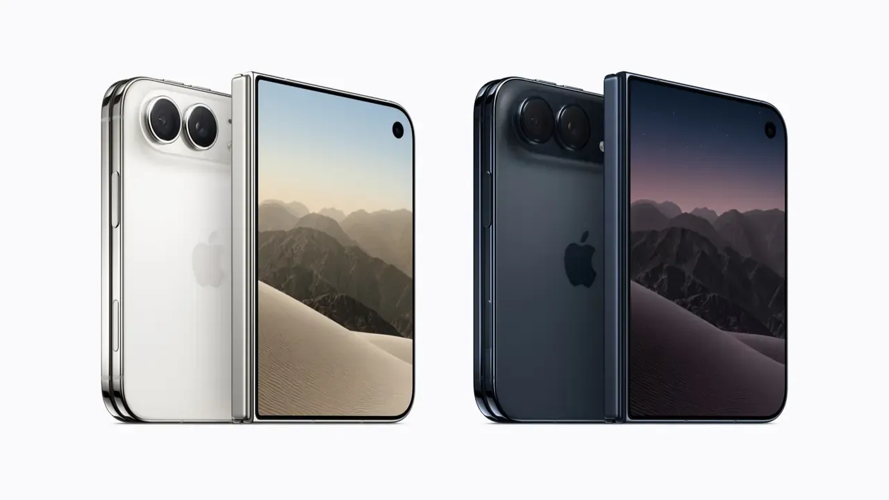 Two iPhone Duo handsets, one white and one dark navy, each shown folded from the back and opened flat