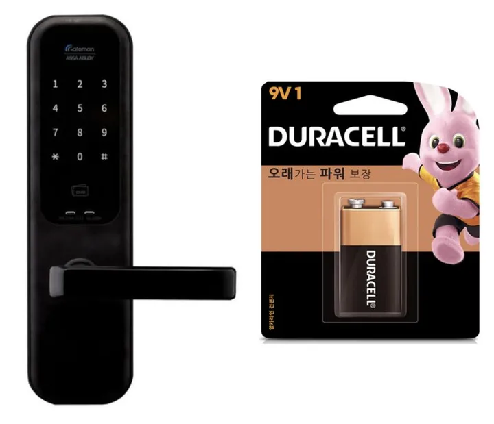A Korean keypad digital door lock next to a 9V battery — the two things you need for the emergency unlock trick