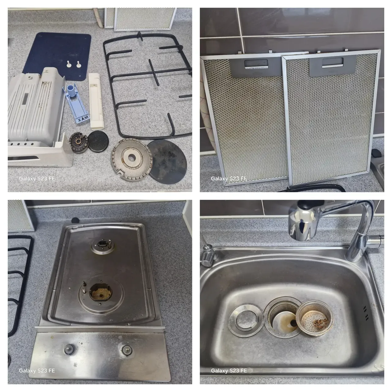 Gas hob components laid out on a worktop, two range hood filters, and a sink with its strainer before cleaning
