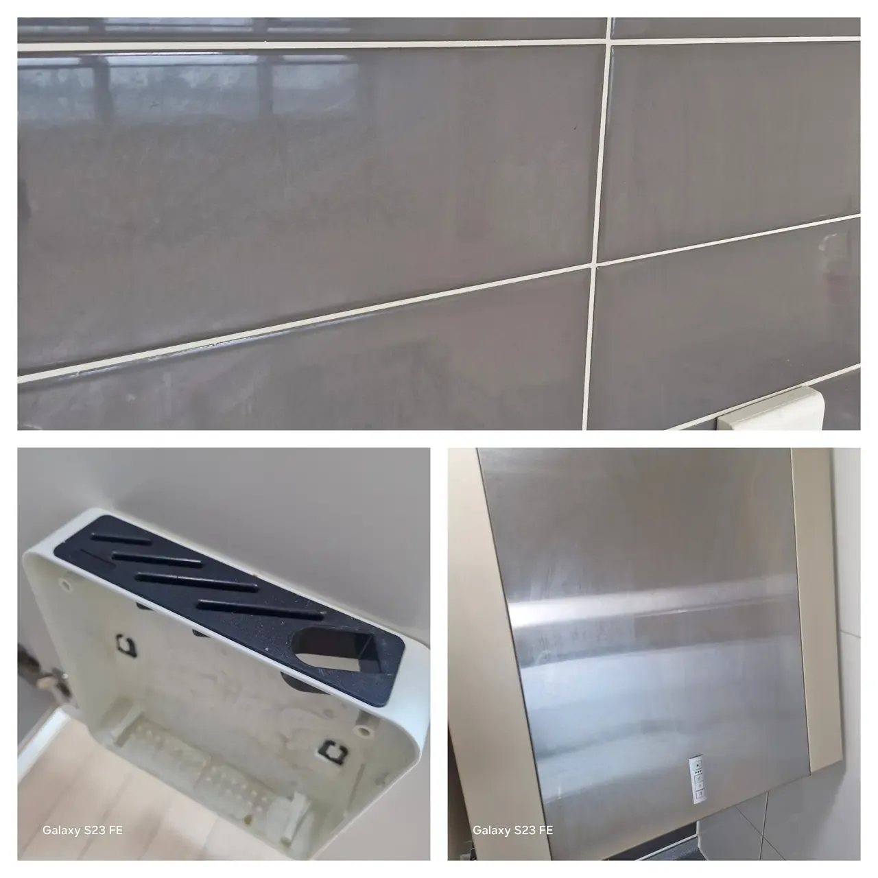 The tile wall behind a kitchen hood, a plastic cover panel removed from it, and the stainless hood front