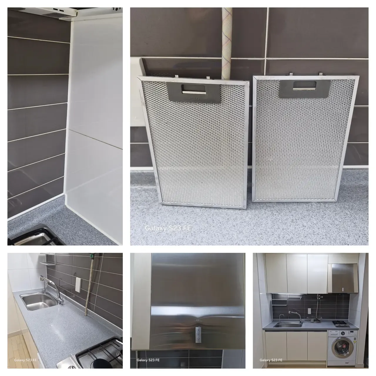 A cleaned kitchen: the washed hood filters standing on the counter, the sink, the hood front and the whole kitchen