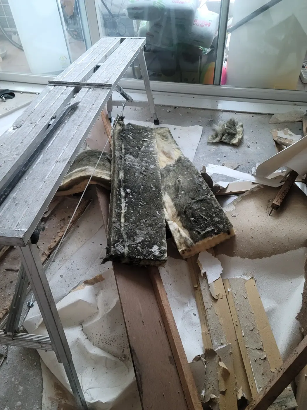 A slab of glass-wool ceiling insulation pulled out and completely blackened with mould