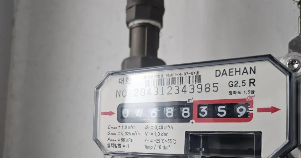 A Korean domestic gas meter showing a reading of 04688.359 cubic metres, mounted on a pipe
