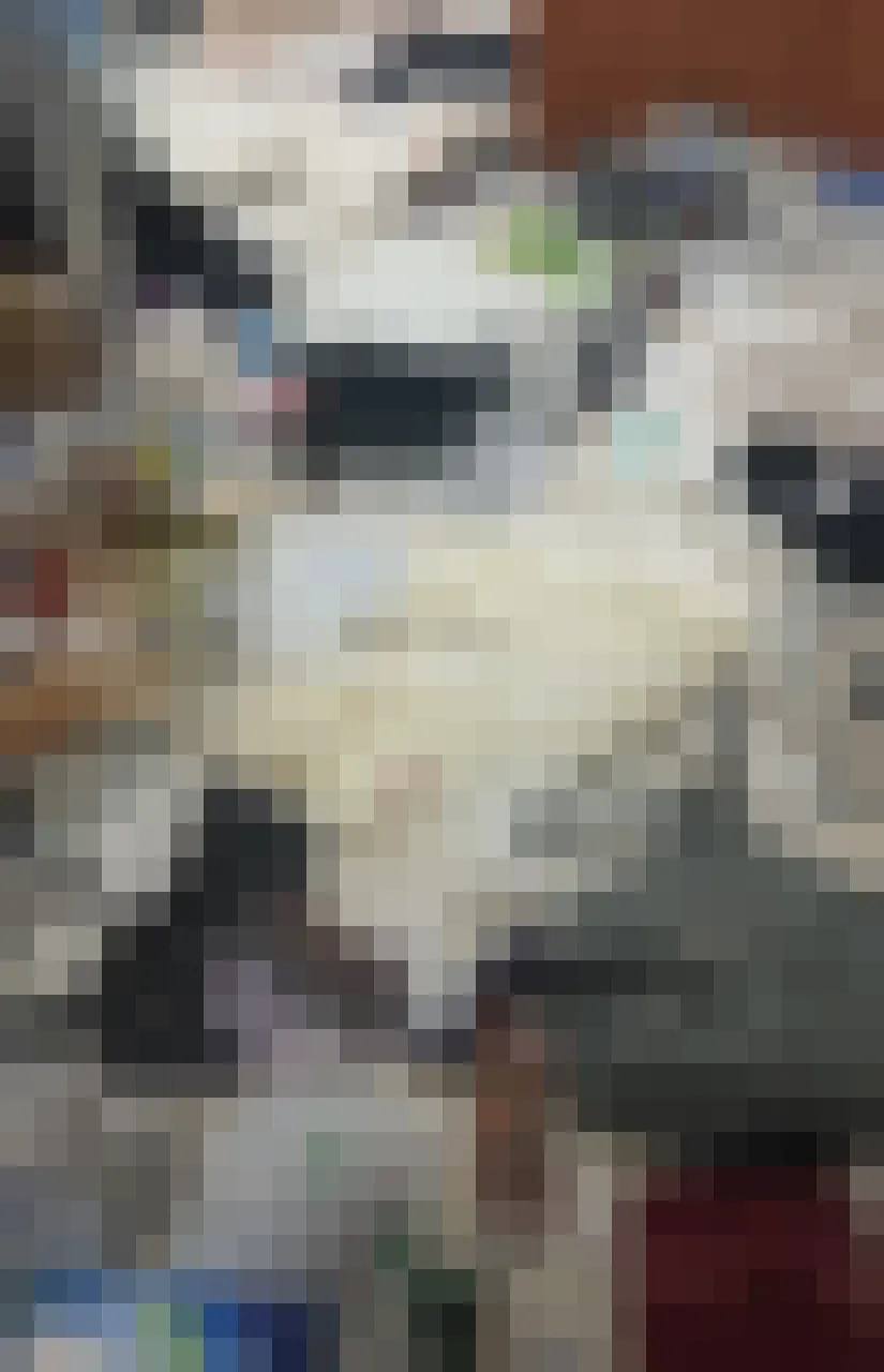 A deliberately pixelated photograph of a one-room floor covered in clothes, plastic bags, packaging and laundry, with no floor visible