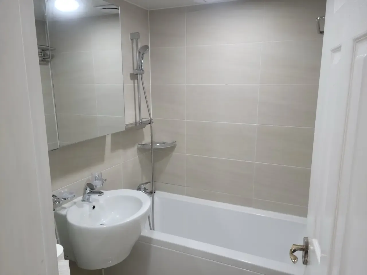 A Korean apartment bathroom with a washbasin, single-lever faucet, bathtub and shower rail
