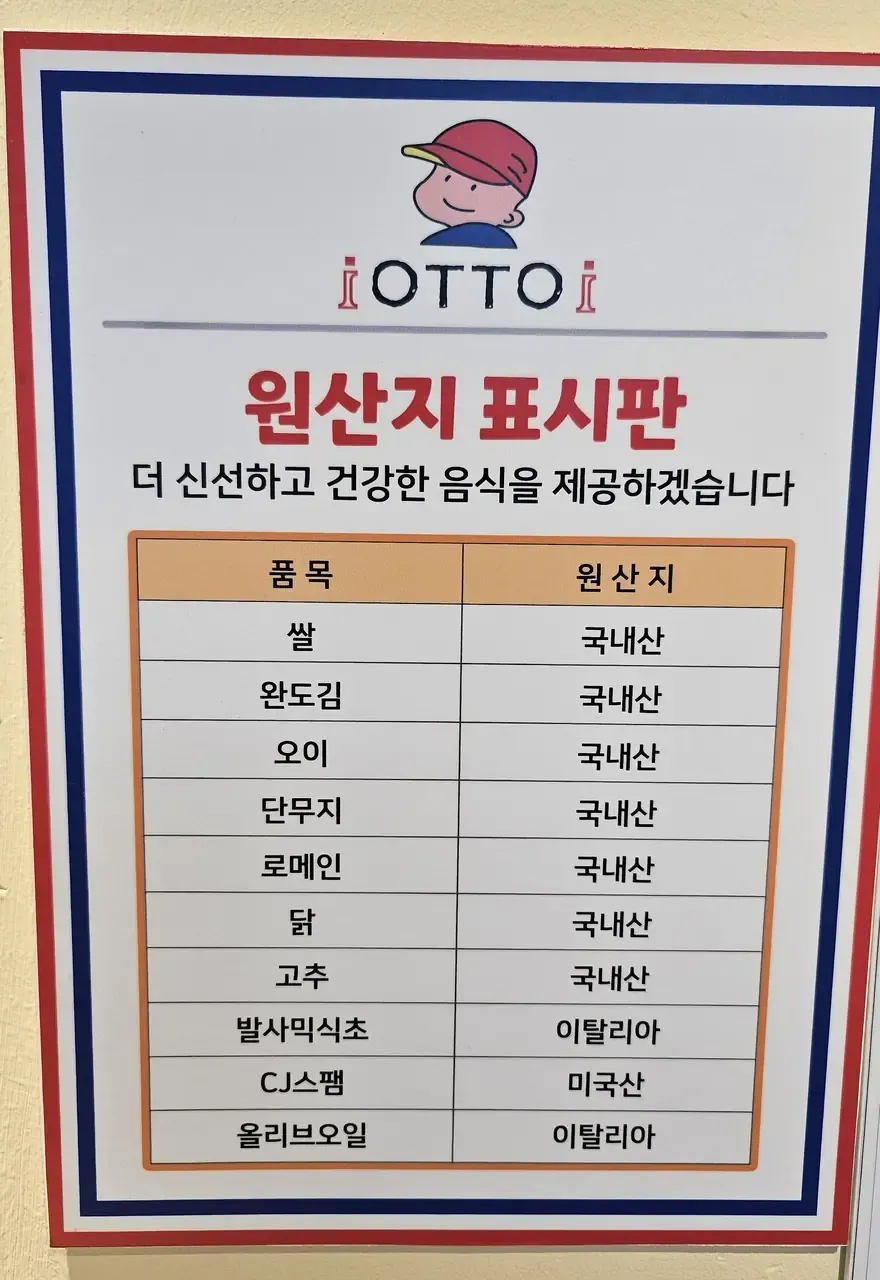 A laminated origin-declaration board on a Korean restaurant wall, listing rice, gim, cucumber, pickled radish, romaine, chicken and chilli as Korean, and balsamic vinegar, Spam and olive oil as Italian and American