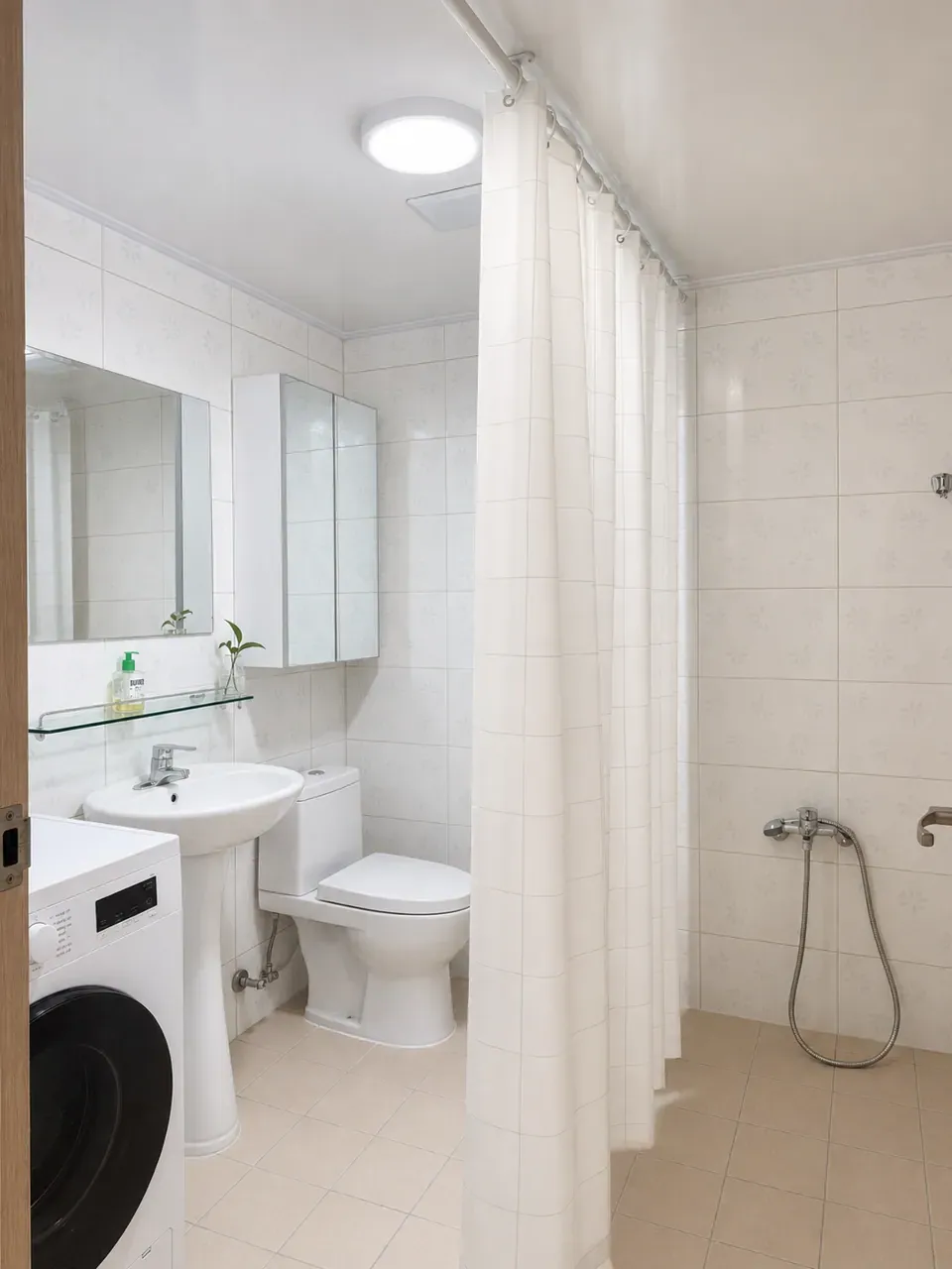 The shared bathroom: washing machine, basin, mirror cabinet, toilet and a curtained shower area