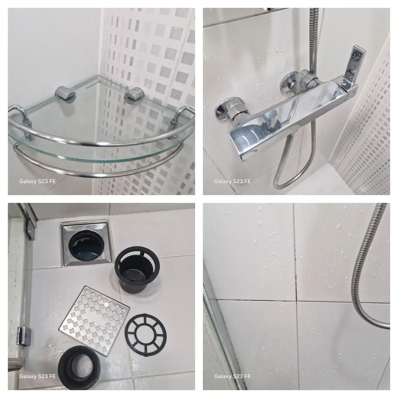 A shower corner shelf, mixer tap, and a floor drain taken apart into grating, cup trap and rubber collar