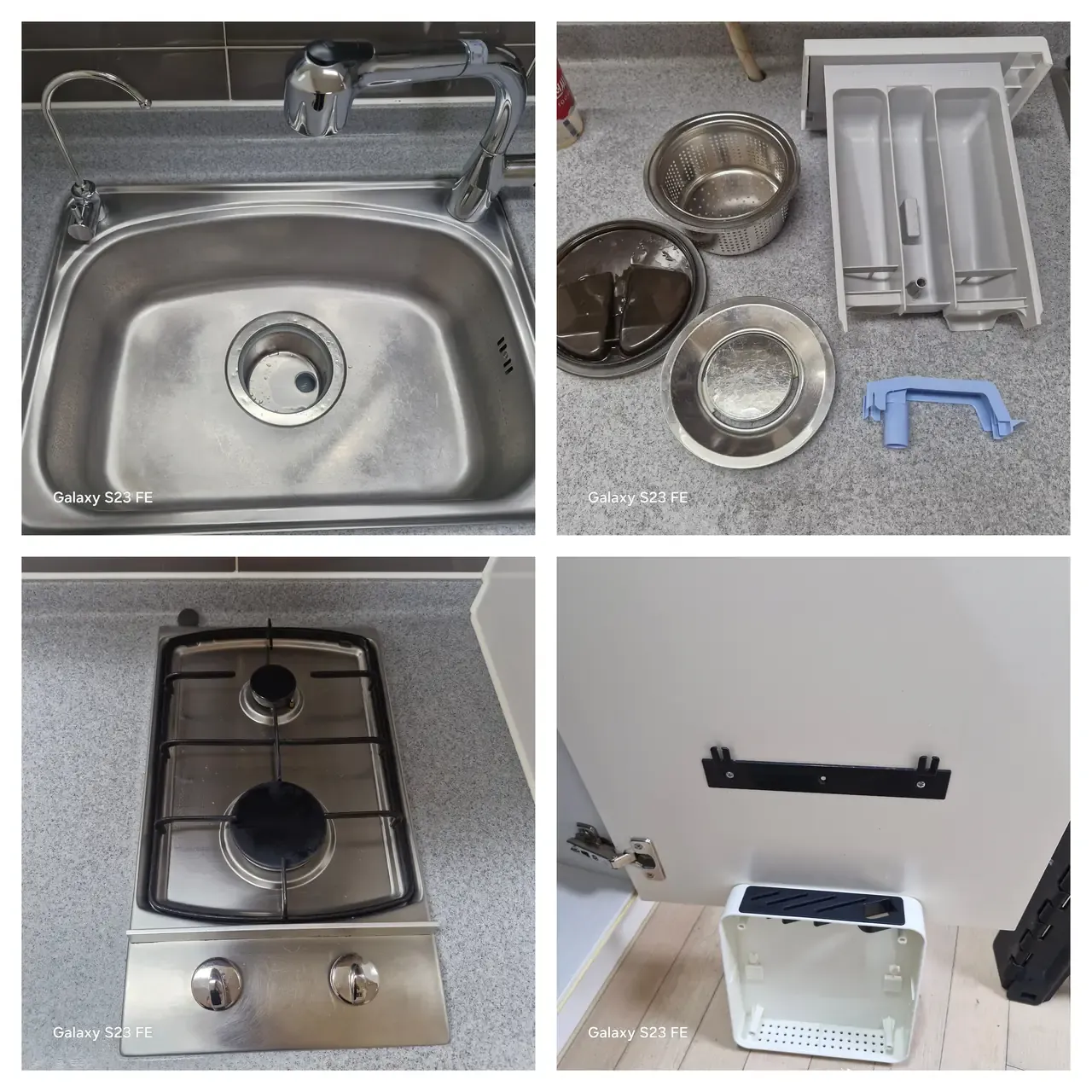 A stainless sink after cleaning, the strainer basket, drain cover and cutlery tray laid out beside it, and the hob reassembled