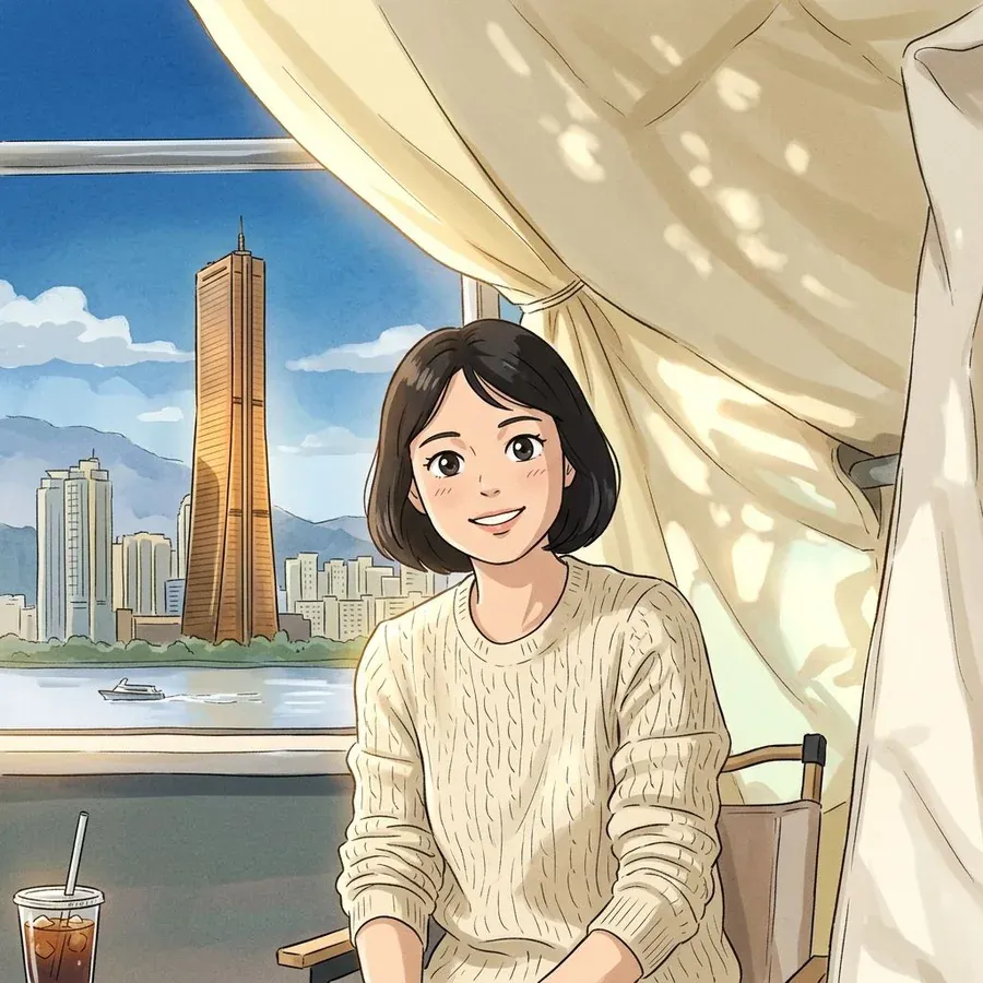 Illustrated portrait of Elli, a Korean teacher at Balli Balli Seoul, seated by a window overlooking the Han River and the Seoul skyline