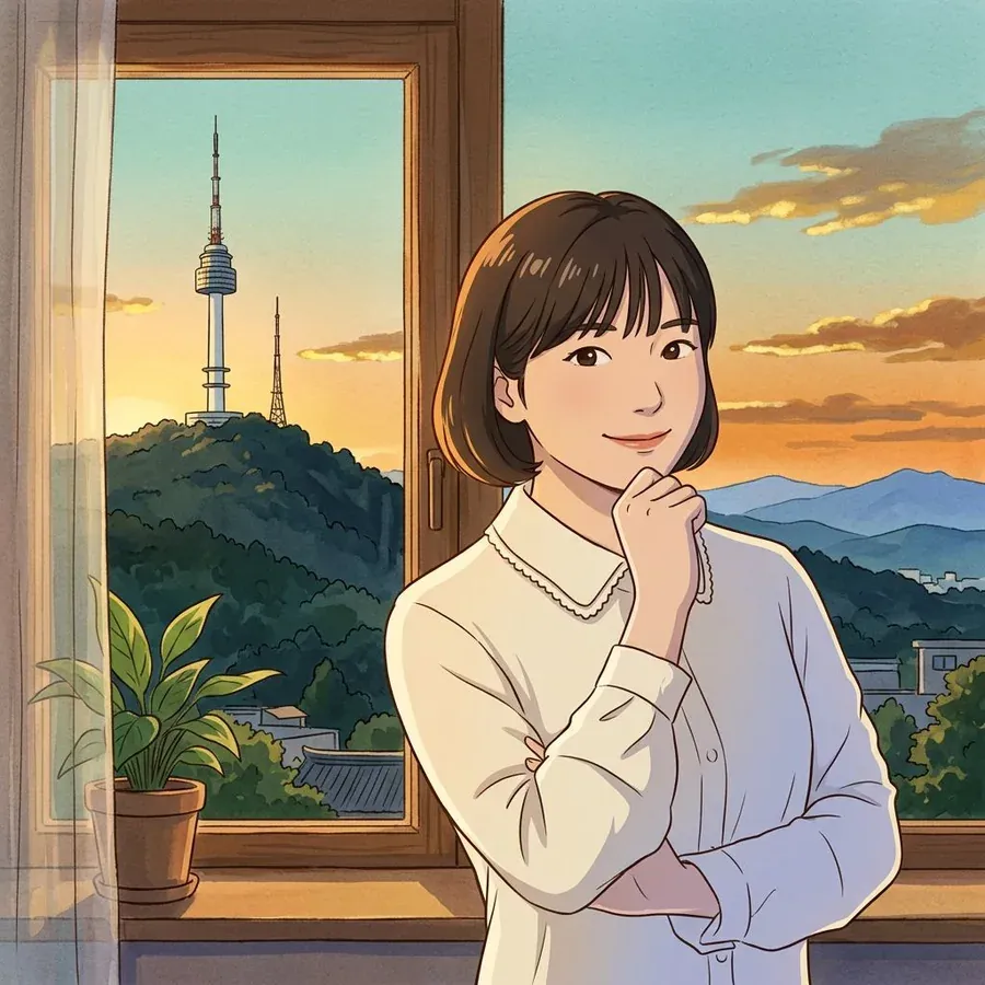 Illustrated portrait of Rim, a Korean teacher at Balli Balli Seoul, at a window with Namsan and the N Seoul Tower behind her at sunset