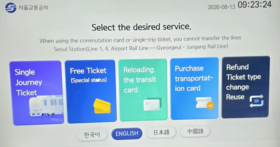 A Seoul Metro ticket machine screen in English mode showing Single Journey Ticket, Free Ticket, Reloading the transit card, Purchase transportation card and Refund