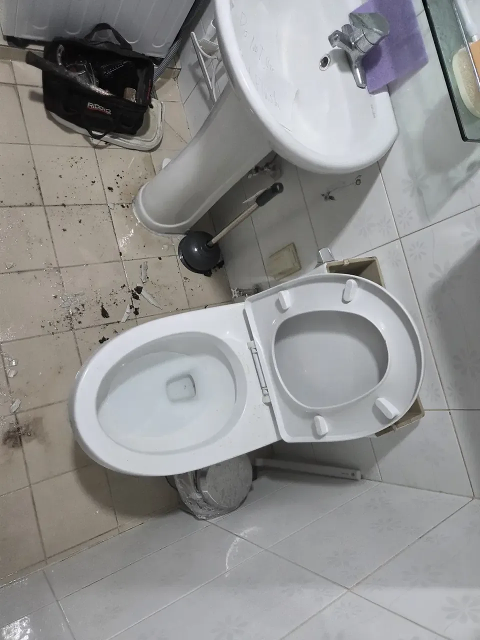 The toilet pan lying on its side on the bathroom floor beside a plunger, with Do Not Flush written by hand on the basin above it