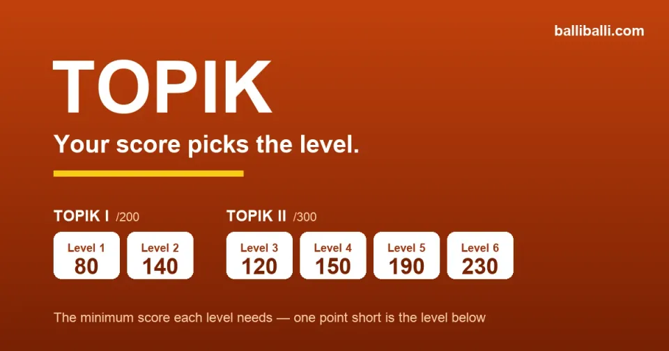 A chart of TOPIK pass marks: levels 1 and 2 need 80 and 140 out of 200 on TOPIK I, and levels 3 to 6 need 120, 150, 190 and 230 out of 300 on TOPIK II