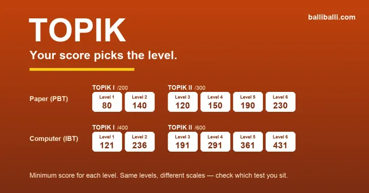 A chart of TOPIK pass marks. On paper, TOPIK I levels 1 and 2 need 80 and 140 out of 200, and TOPIK II levels 3 to 6 need 120, 150, 190 and 230 out of 300. On computer, the same levels need 121 and 236 out of 400, and 191, 291, 361 and 431 out of 600