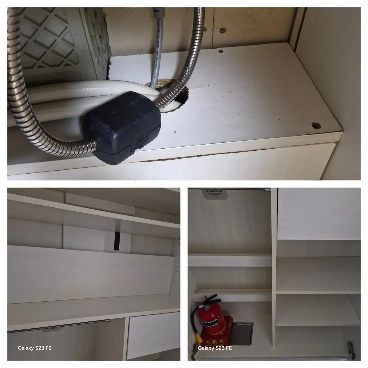 The cabinet floor under a kitchen sink with gas and water lines running through it, beside finished cupboard shelves