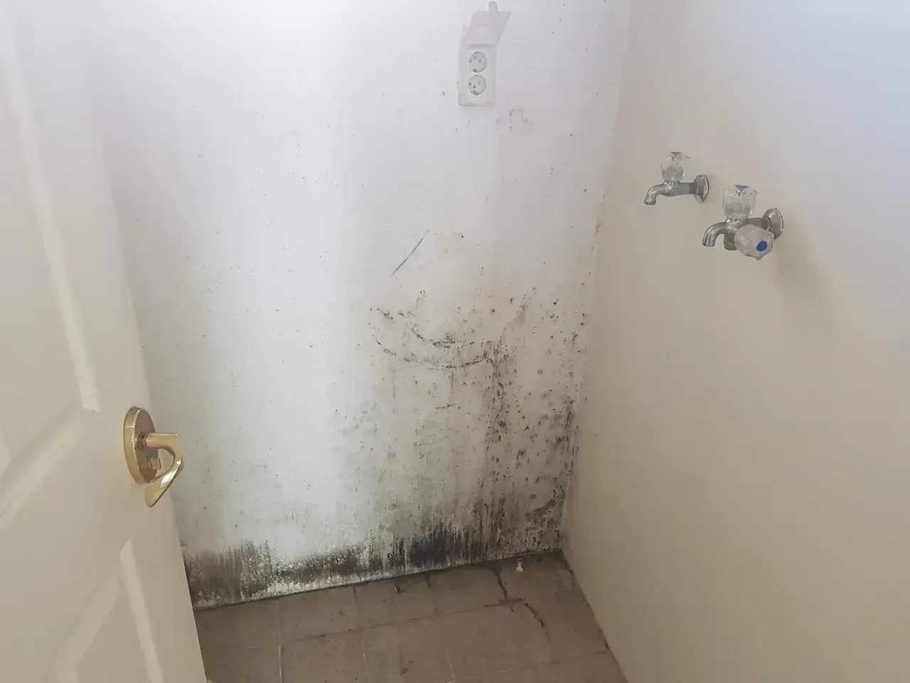 An empty Korean kitchen at handover with the utility room door standing open, a mould-stained wall visible through the doorway
