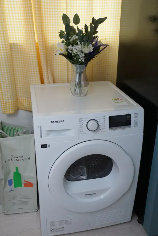 A washing machine installed in a coliving house laundry space, with flowers set on top