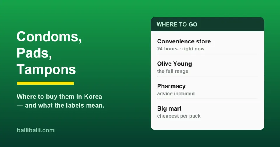 Cover graphic listing where to buy condoms, pads and tampons in Korea — convenience store, Olive Young, pharmacy, big mart
