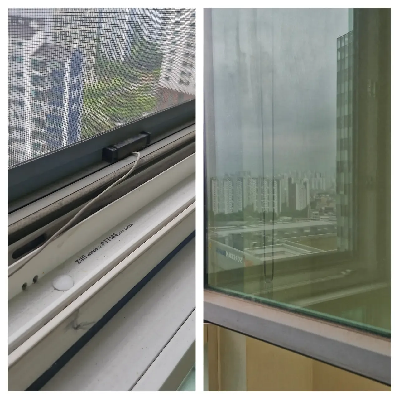 A window track thick with grime before cleaning, beside a clean insect screen