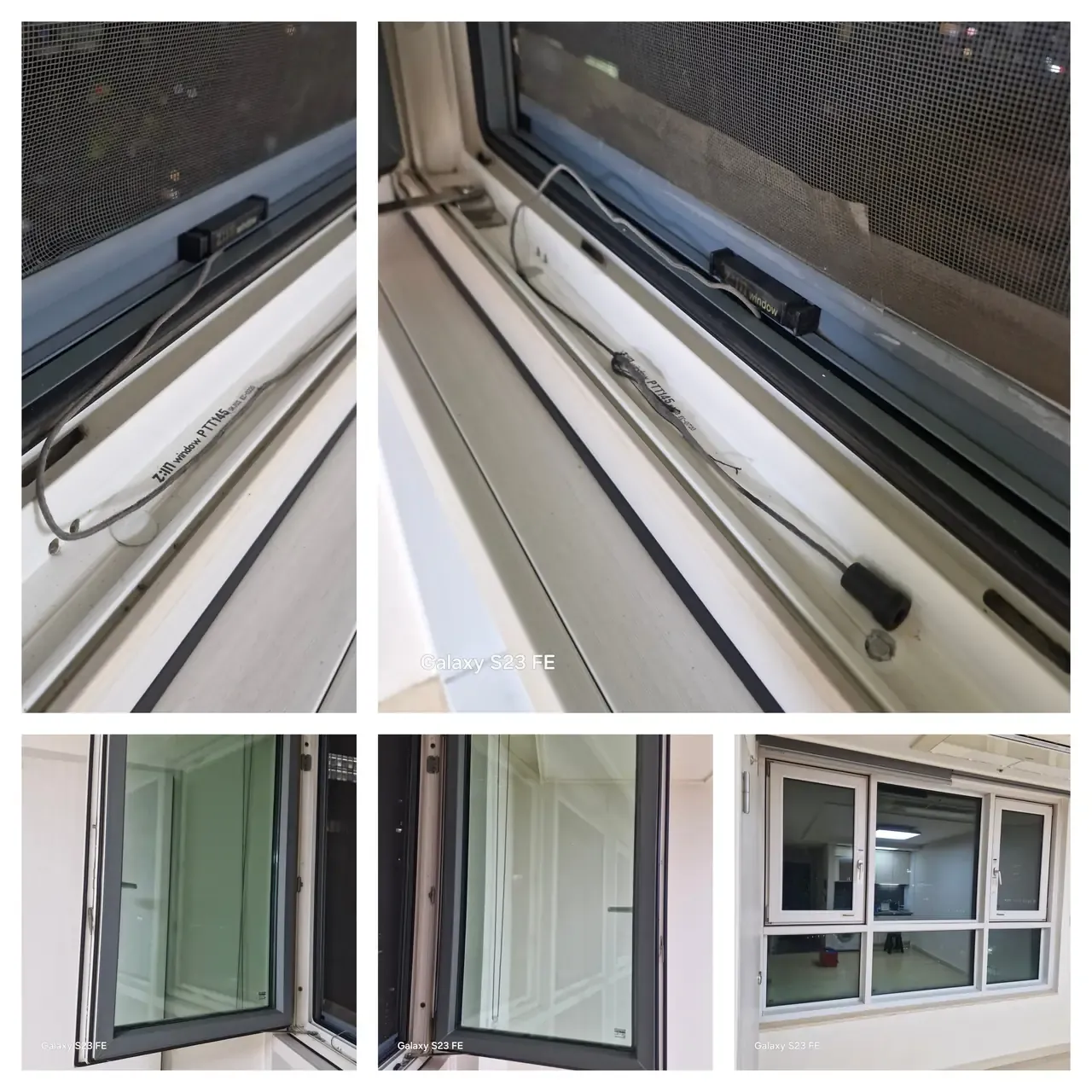 Close views of a window track with its drain cable, and the finished windows and screens