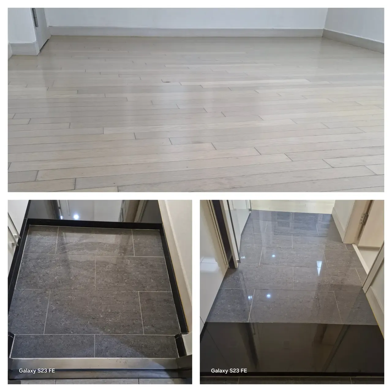 A wood floor and a stone entrance hall after cleaning